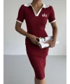 Bordo Alo Yakalı Likralı Elbise