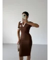 Kahve Alo Yakalı Likralı Elbise