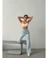 Buz Mavi Yüksek Bel Katmanlı Tasarım Denim Pantolon