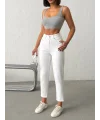 Işıltılı Cep Detaylı Mom Fit Beyaz Kot Pantolon