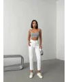 Işıltılı Cep Detaylı Mom Fit Beyaz Kot Pantolon