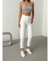 Işıltılı Cep Detaylı Mom Fit Beyaz Kot Pantolon