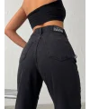 Siyah Yüksek Bel Katmanlı Tasarım Denim Pantolon