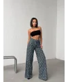 Mikro Yırtık Desenli İndigo Geniş Paça Kot Pantolon