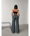Mikro Yırtık Desenli İndigo Geniş Paça Kot Pantolon