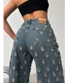 Mikro Yırtık Desenli İndigo Geniş Paça Kot Pantolon
