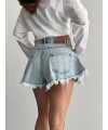 Buz Mavi Taş Detaylı Püsküllü Paça Denim Mini Şort