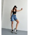 Mavi Yüksek Bel Premium Denim Bermuda Şort
