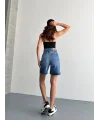 Mavi Yüksek Bel Premium Denim Bermuda Şort