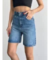 Mavi Yüksek Bel Premium Denim Bermuda Şort