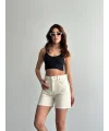 Krem Yüksek Bel Premium Denim Bermuda Şort