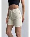 Krem Yüksek Bel Premium Denim Bermuda Şort