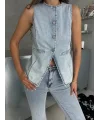 Buz Mavi İspanyol Paça Yelekli Denim Takım