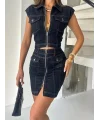 Lacivert Fermuarlı Jean Etekli Takım