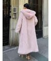 Pembe Kapşonlu Uzun İthal Kürk
