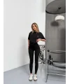 Siyah Alo Bilek Baskılı Sıkılaştırıcı Yüksek Bel Tayt