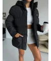 Siyah Alo Oversize Kapşonlu Şişme Mont