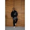 Siyah Baskılı Kapşonlu Unisex Oversize Eşofman Takımı