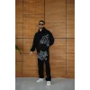Siyah Baskılı Kapşonlu Unisex Oversize Eşofman Takımı