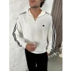 Beyaz ADD Üç Şerit Fermuar Yaka Unisex Oversize Sweat