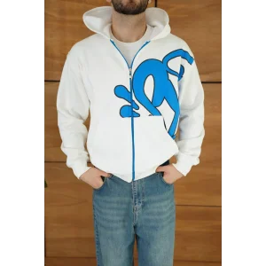 Beyaz Baskılı Kapşonlu Unisex Oversize Sweat