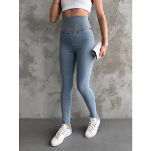 Buz Mavisi Yüksel Bel İnceltici Esnek Likralı Kot Tayt