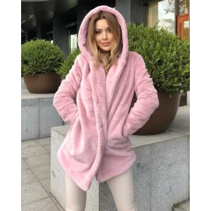 Pudra Kapşonlu İçi Astarlı Rabbit Peluş Kaban