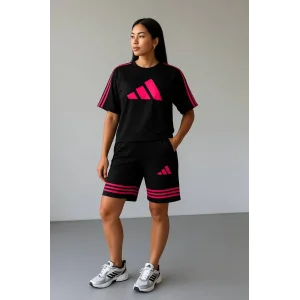 Siyah ADD Fuşya Çizgili Oversize Unisex Şortlu Takım