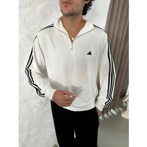 Beyaz ADD Üç Şerit Fermuar Yaka Unisex Oversize Sweat