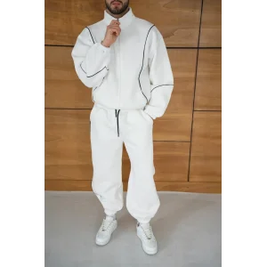 Beyaz Basic Biyeli Oversize Eşofman Takımı