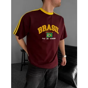 Bordo Brasil Oversize Unisex Bisiklet Yaka Tshirt