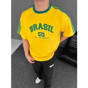 Sarı Brasil Oversize Unisex Bisiklet Yaka Tshirt