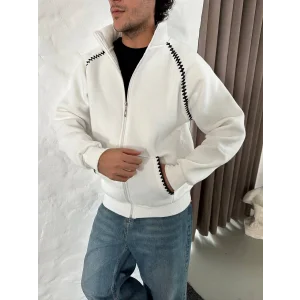 Beyaz Zig Zag Nakış Unisex Oversize Sweat