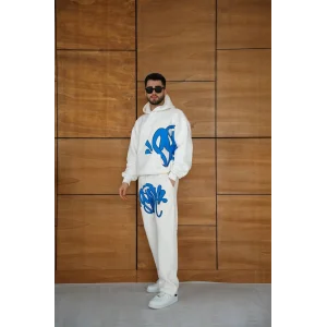Beyaz Baskılı Kapşonlu Unisex Oversize Eşofman Takımı
