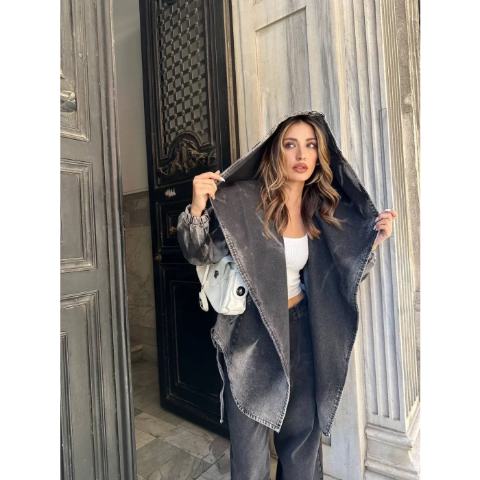 Antrasit Arkadan V Yırtmaç Kapşonlu Kot Mont