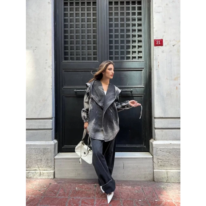 Antrasit Arkadan V Yırtmaç Kapşonlu Kot Mont