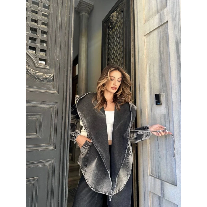 Antrasit Arkadan V Yırtmaç Kapşonlu Kot Mont