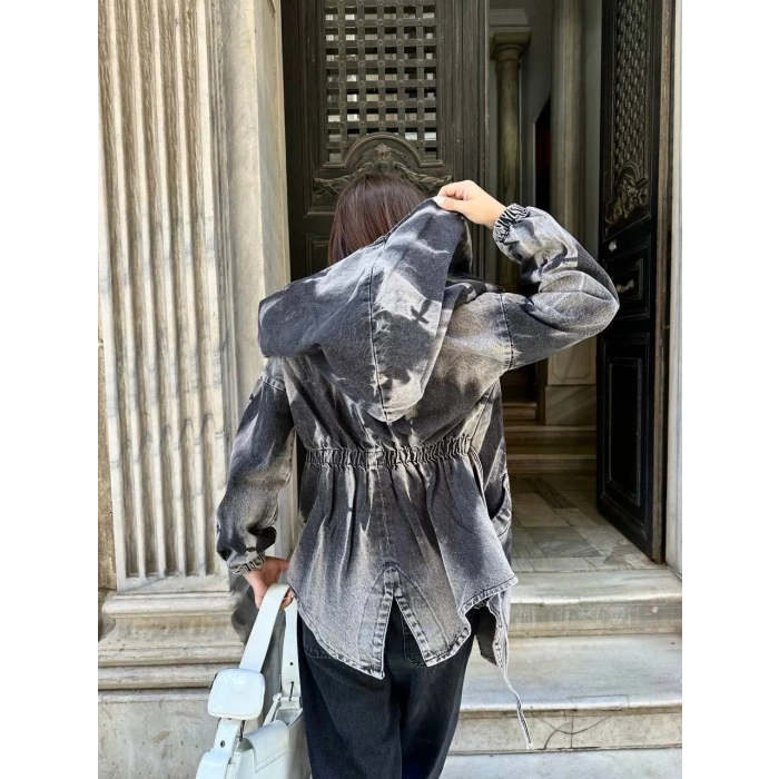 Antrasit Arkadan V Yırtmaç Kapşonlu Kot Mont