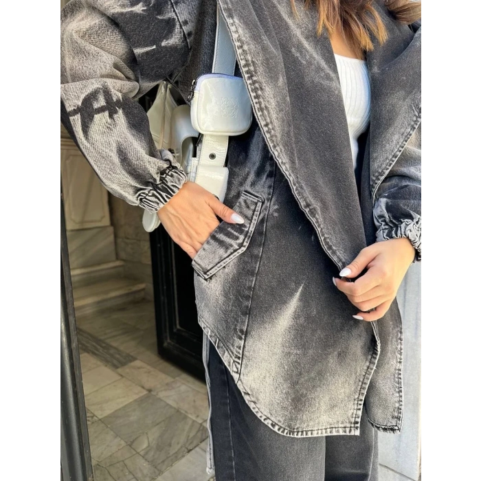 Antrasit Arkadan V Yırtmaç Kapşonlu Kot Mont