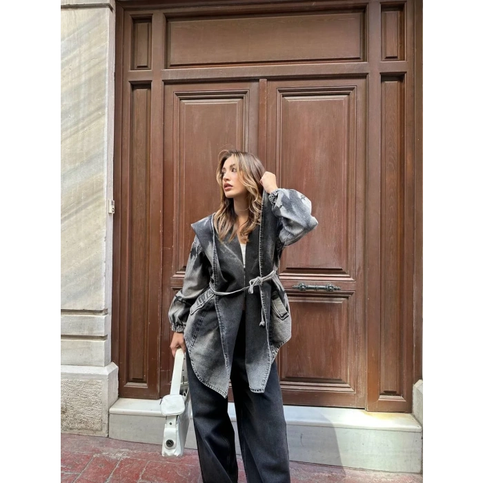 Antrasit Arkadan V Yırtmaç Kapşonlu Kot Mont