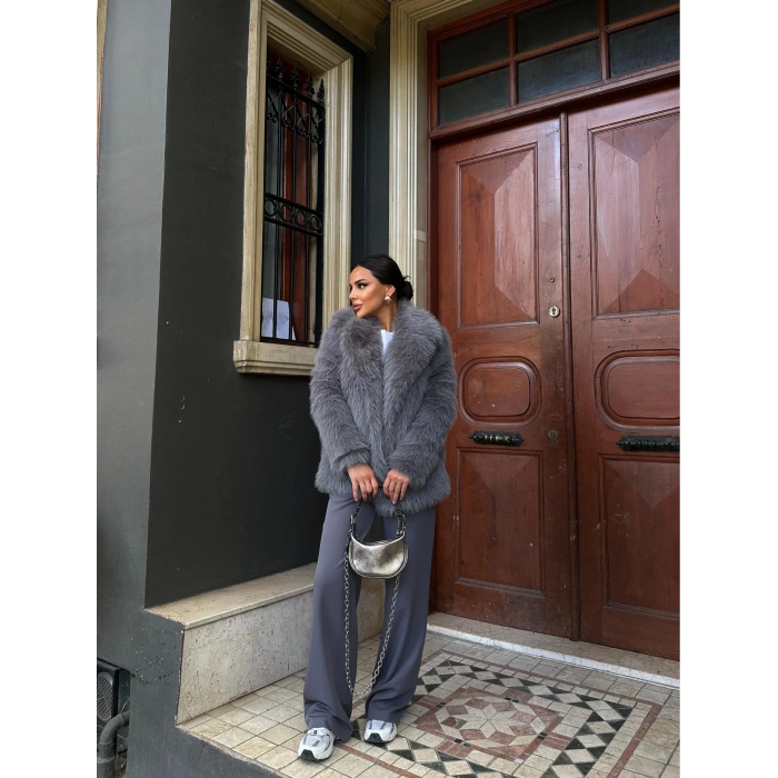 Antrasit Ceket Yaka Kürk Kaban