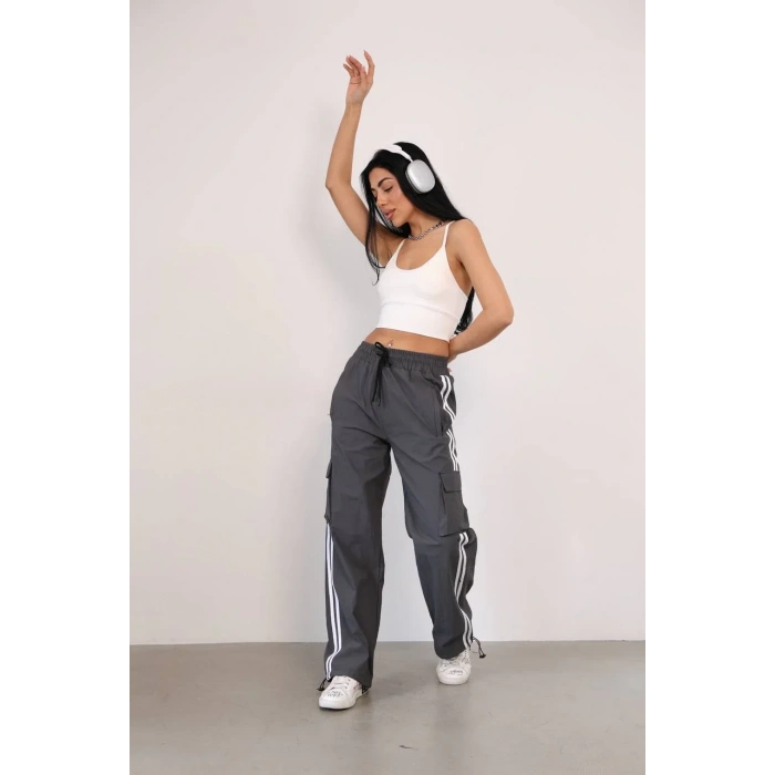 Antrasit Çift Şerit Kargo Cep Paraşüt Eşofman