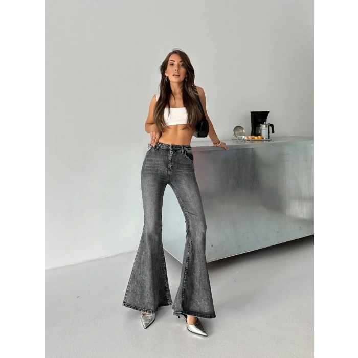 Antrasit İspanyol Paça Likralı Kot Pantolon