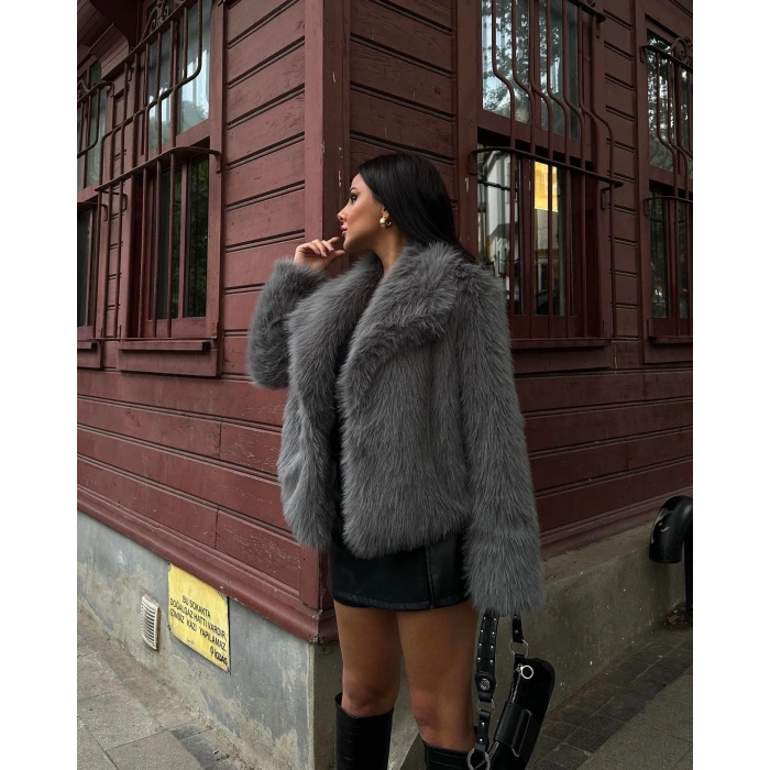 Antrasit Şal Yaka İçi Astarlı Kürk Kaban