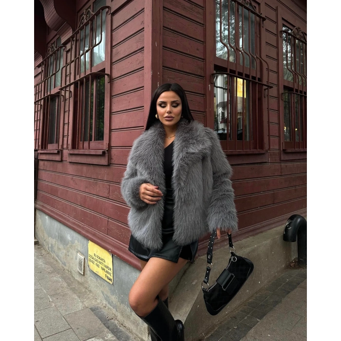 Antrasit Şal Yaka İçi Astarlı Kürk Kaban