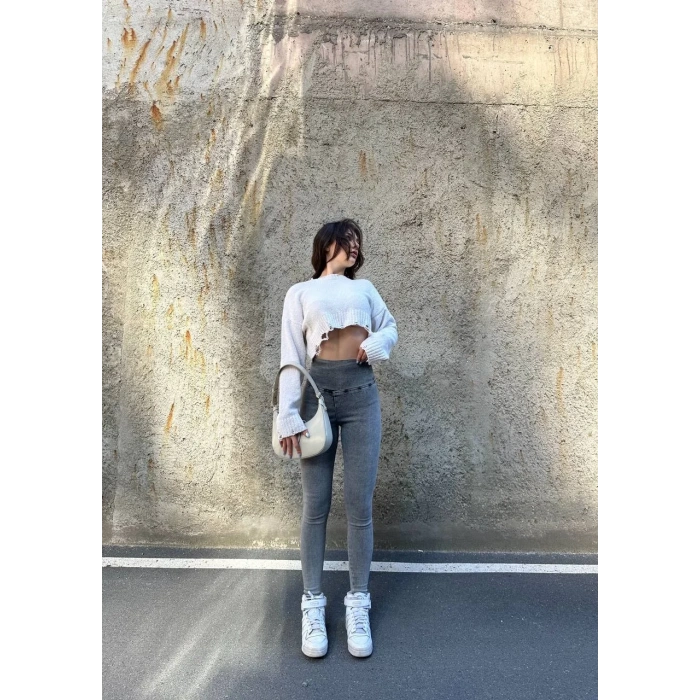 Antrasit Yüksek Bel En Boy Likralı Kot Tayt