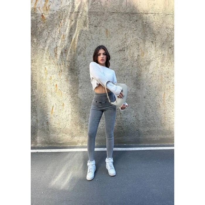 Antrasit Yüksek Bel En Boy Likralı Kot Tayt