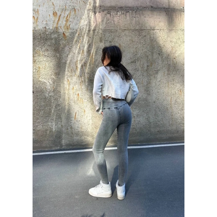 Antrasit Yüksek Bel En Boy Likralı Kot Tayt