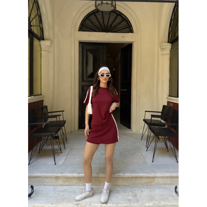 Bordo Şeritli Şort Etekli Modal Takım