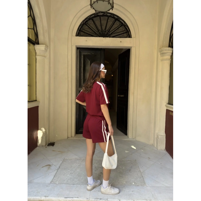 Bordo Şeritli Şort Etekli Modal Takım